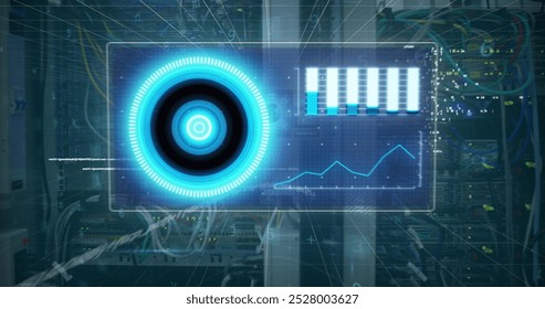 Image of digital scope over server room. Global science, connections, data processing and digital interface concept digitally generated image.
