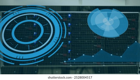 Image of digital scope over server room. Global science, connections, data processing and digital interface concept digitally generated image.