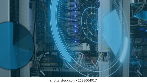 Image of digital scope over server room. Global science, connections, data processing and digital interface concept digitally generated image.