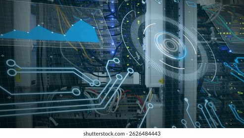 Image of digital scope over server room. Global science, connections, data processing and digital interface concept digitally generated image.