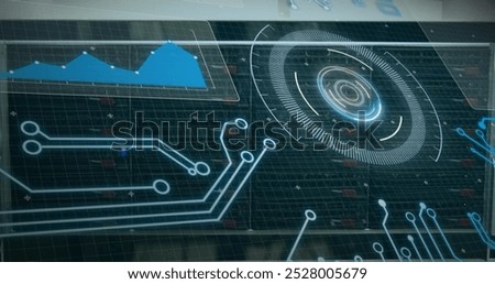 Image of digital scope over server room. Global science, connections, data processing and digital interface concept digitally generated image.