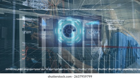Image of digital screen with data and caucasian people checking wires over servers. Network, data processing and technology concept digitally generated image.
