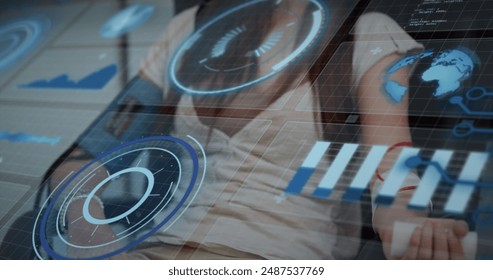 Image of digital screen with data over midsection of caucasian woman. Health, medicine and technology concept digitally generated image.
