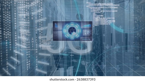 Image of digital screen with data over servers. Network, data processing and technology concept digitally generated image.