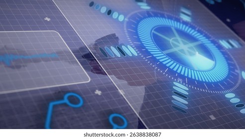 Image of digital screen with data over hands of caucasian man with smartphone. Data processing, digital interface and technology concept digitally generated image.