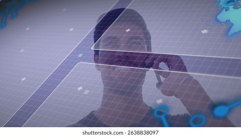 Image of digital screen with data over happy caucasian man having call. Communication, connections and technology concept digitally generated image.