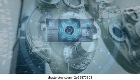 Image of digital screen with data over optic machinery. Digital interface, computers and data processing concept digitally generated image.