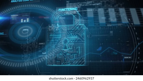 Image of digital screen with data and digital padlock. Digital interface, computers and data processing concept digitally generated image.