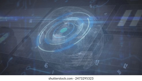 Image of digital screen with data processing on navy background. Digital interface, data processing and technology concept digitally generated image.