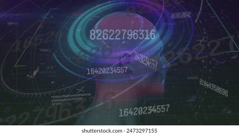 Image of digital screen with data processing, numbers, glitch and human head model. Digital interface, data processing and technology concept digitally generated image.