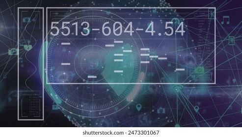 Image of digital screen with data processing, radar and numbers on navy background. Digital interface, data processing and technology concept digitally generated image.