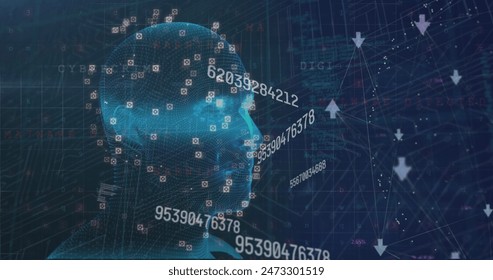 Image of digital screen with data processing, connections and head model on navy background. Digital interface, data processing and technology concept digitally generated image.