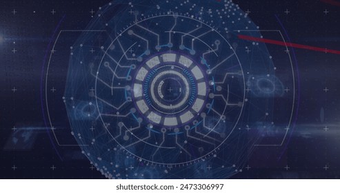 Image of digital screen with data processing on navy background. Digital interface, data processing and technology concept digitally generated image.