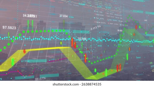 Image of digital screen with financial data and graphs over cityscape. Global finance, economy and technology concept digitally generated image.