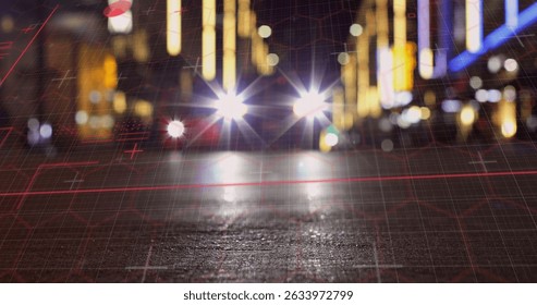 Image of digital screen over blurred night cityscape. Data processing, digital interface, communication and technology concept digitally generated image.