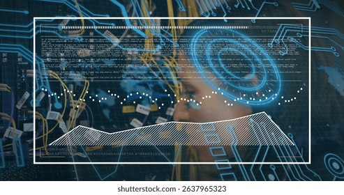 Image of digital screen over computer wires and caucasian woman checking servers. Network, computers, data and technology concept digitally generated image.