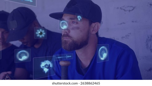 Image of digital screens with data over diverse men. Data processing, digital interface and technology concept digitally generated image.