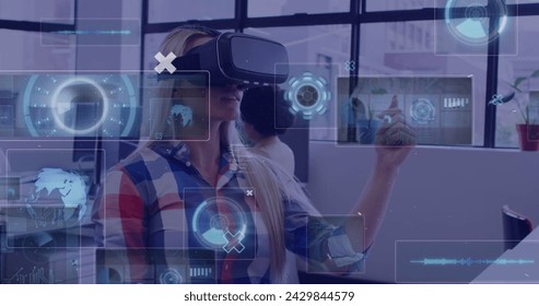 Image of digital screens and data processing over caucasian woman using vr headset. global networks, business, data processing and digital interface concept digitally generated image. - Powered by Shutterstock - Get 15% off with code: PIKWIZARD15