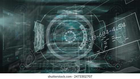 Image of digital screens with data processing on dark green background. Digital interface, data processing and technology concept digitally generated image.
