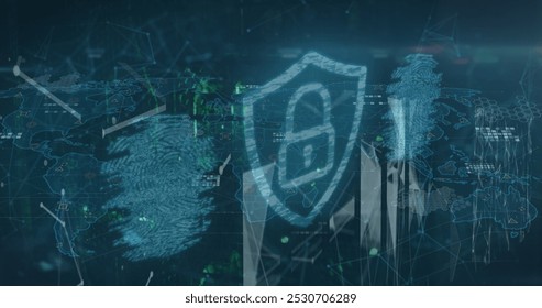Image of digital shield and fingerprints over world map. Network, connections, data processing and technology concept digitally generated image.