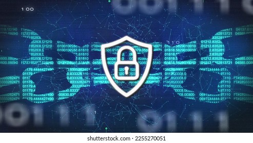 Image of digital shield with padlock and block chain over binary code and navy background. Internet safety, data security, data processing and technology concept digitally generated image.