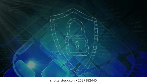 Image of digital shield with padlock over squares and light. Data safety, digital security, global network and technology concept digitally generated image.