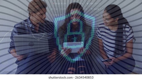 Image of digital shield with padlock over happy diverse female and male coworkers. Business, data processing, digital security, connections and technology concept digitally generated image,