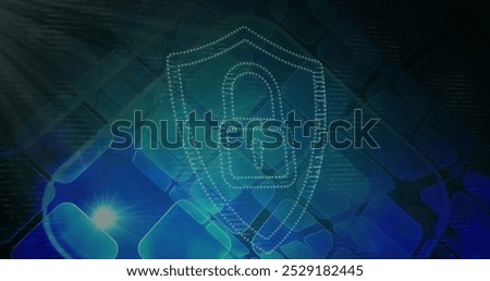 Image of digital shield with padlock over squares and light. Data safety, digital security, global network and technology concept digitally generated image.