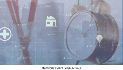 The image is a digitally generated illustration of data processing over a cityscape. The background is an abstract texture concept with global connections. The image shows data processing with a