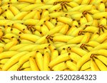 The image displays a large cluster of ripe yellow bananas piled together. Each banana has a smooth, bright yellow peel with some specks or spots, indicating ripeness. The bananas are tightly packed, c