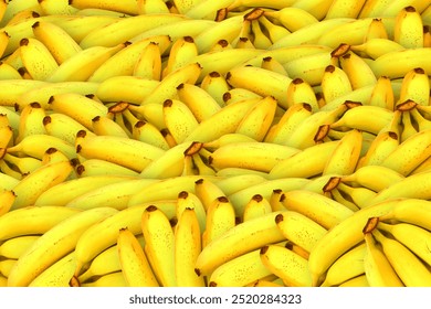 The image displays a large cluster of ripe yellow bananas piled together. Each banana has a smooth, bright yellow peel with some specks or spots, indicating ripeness. The bananas are tightly packed, c - Powered by Shutterstock