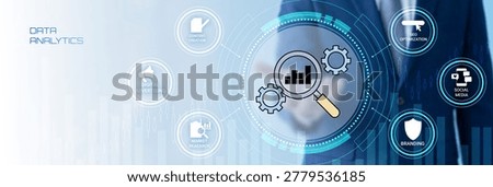 The image displays a professional data analytics concept with a focus on digital marketing strategies A persons silhouette is partially visible in the center surrounded by interconnected icons representing branding social media digital advertising content optimization and more A magnifying glass and gears symbolize analysis and process optimization all set against a futuristic techinspired background with glowing blue accents