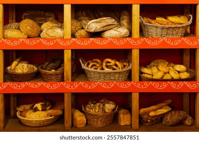 The image displays a variety of freshly baked bread and pastries on wooden shelves in a cozy bakery. The assortment includes loaves, rolls, pretzels, and other delicious baked goods - Powered by Shutterstock