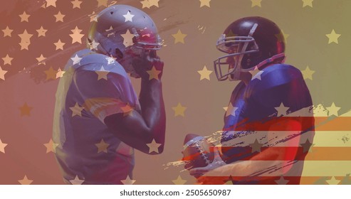 Image of diverse american football players with ball and flag of usa. American patriotism, sports and competition concept digitally generated image. - Powered by Shutterstock