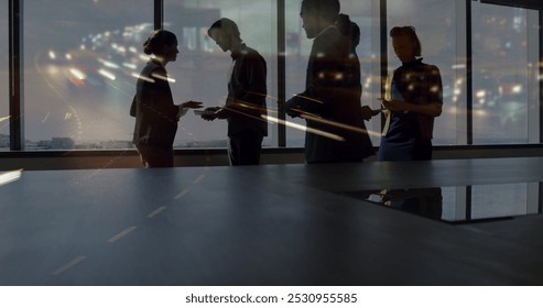 Image of diverse business people in office over cityscape. Global business, finances, digital interface, computing and data processing concept digitally generated image. - Powered by Shutterstock