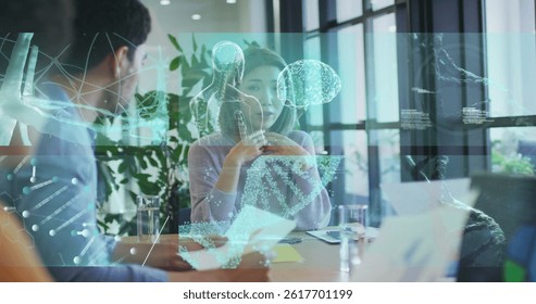 Image of diverse business people talking over data processing. global business, finances, connections and digital interface concept digitally generated image.
