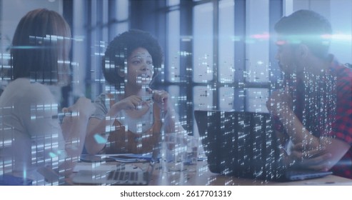 Image of diverse business people talking over data processing. global business, finances, connections and digital interface concept digitally generated image.