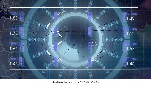 Image of diverse data clock and globe spinning over world map. Global connections technology and digital interface concept digitally generated image.