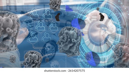 Image of diverse data, processing circle and gears over cars. global automotive business, car services and technology concept digitally generated image.