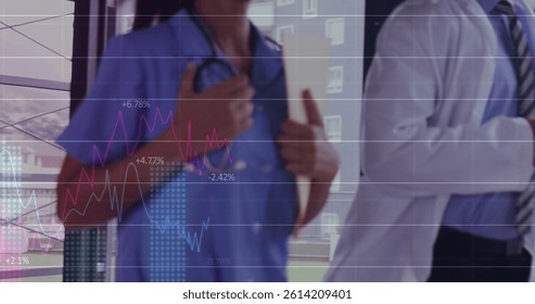 Image of diverse doctors running over data processing. global medicine, finances, connections and digital interface concept digitally generated image.