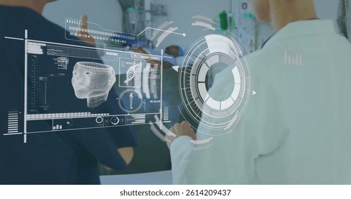 Image of diverse doctors talking over data processing. global medicine, finances, connections and digital interface concept digitally generated image.