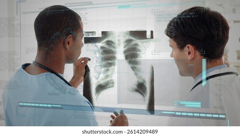 Image of diverse doctors talking over data processing. global medicine, finances, connections and digital interface concept digitally generated image.
