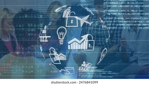 Image of diverse group of young and experienced professionals collaborating on project. digital icons and data charts overlaying scene suggest a tech-focused discussion - Powered by Shutterstock