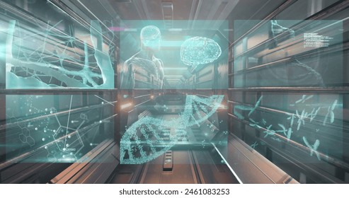 Image of dna, brain and medical data processing on interface screens. Global science, medical research, digital interface and data concept digitally generated image.