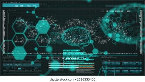 Image of dna, brain and scientific data processing over black background. science, human biology, technology and digital interface concept digitally generated image.
