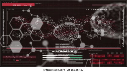 Image of dna, brain and scientific data processing over black background. science, human biology, technology and digital interface concept digitally generated image.