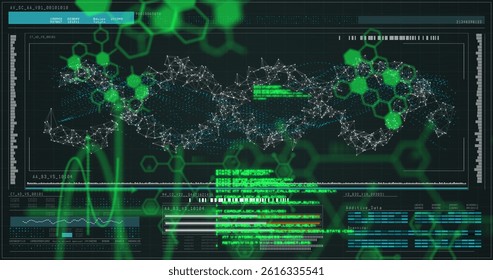 Image of dna, brain and scientific data processing over black background. science, human biology, technology and digital interface concept digitally generated image.