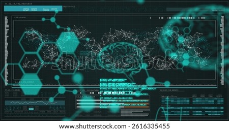 Image of dna, brain and scientific data processing over black background. science, human biology, technology and digital interface concept digitally generated image.