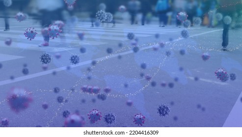 Image Of Dna, Coronavirus With Time Lapse Of Multiracial People On City Street. Digital Composite, Pandemic, Covid-19, Viral Infection, Healthcare And Medicine, Epidemic, Microbiology.