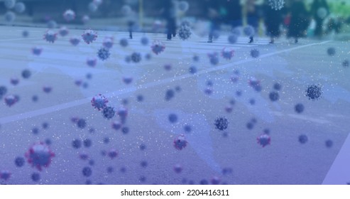 Image Of Dna, Coronavirus With Time Lapse Of Multiracial People On City Street. Digital Composite, Pandemic, Covid-19, Viral Infection, Healthcare And Medicine, Epidemic, Microbiology.